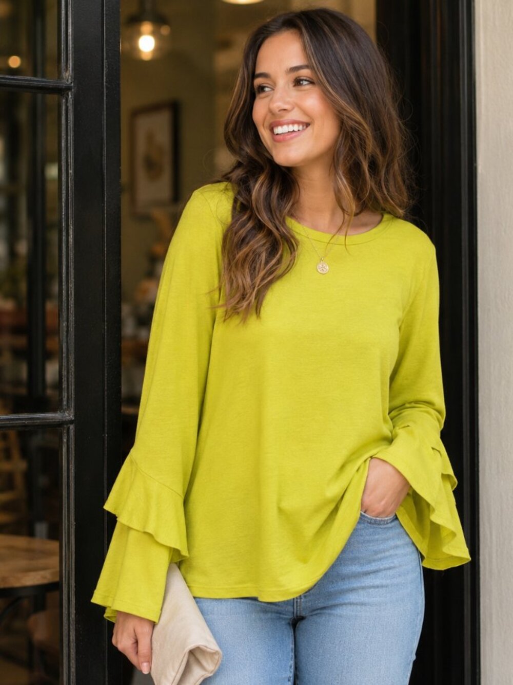 Anthropologie T.La Ruffled Bell Sleeve Blouse‎ Lime Green Flowy Size Small